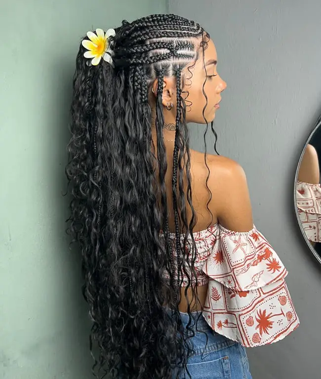 Thick Black Fulani Braids With Yellow Flower Accent — Classy Fulani Braids with Curls