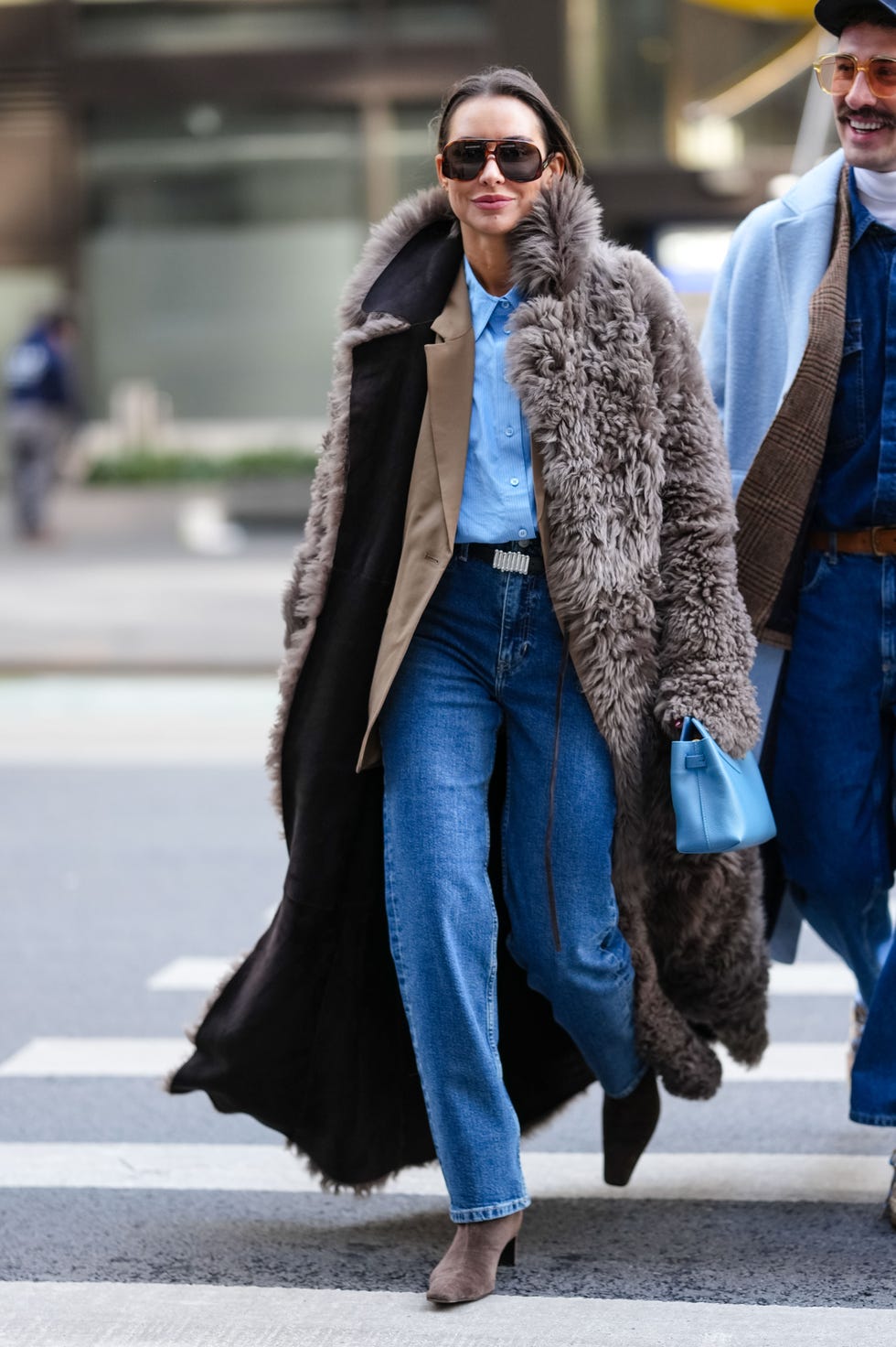 Textured Gray Faux Fur Coat Over Layered Tops and Jeans — Classy Fur Outfits