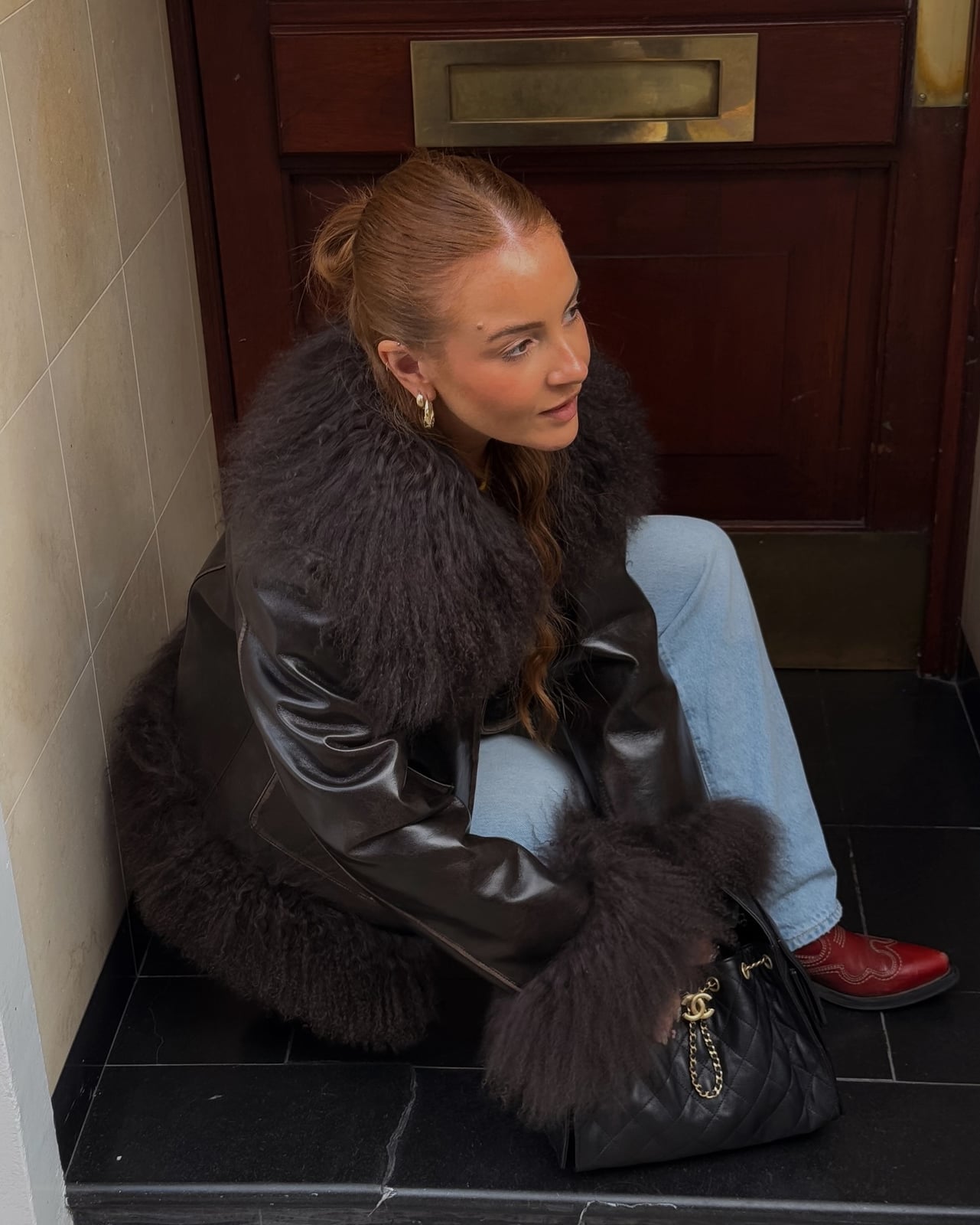 Leather Jacket with Dark Fur Trim and Red Boots — Classy Fur Outfits