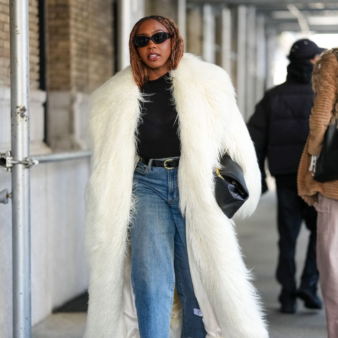 Striking White Shaggy Faux Fur Coat with Jeans — Classy Fur Outfits