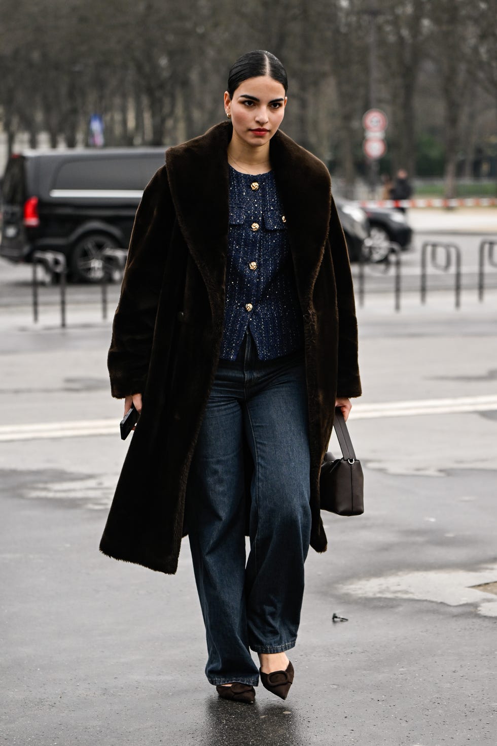 Long Dark Brown Faux Fur Coat with Patterned Top and Jeans — Classy Fur Outfits