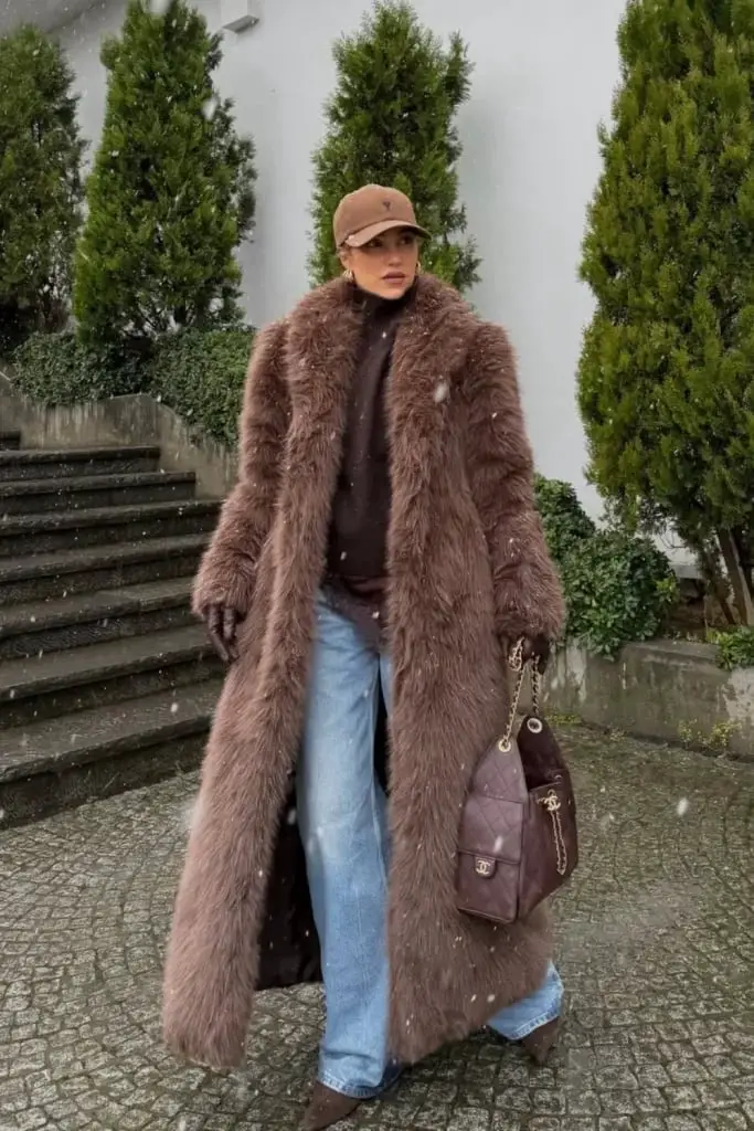 Floor-length Brown Faux Fur Coat for Winter Travel — Classy Fur Outfits