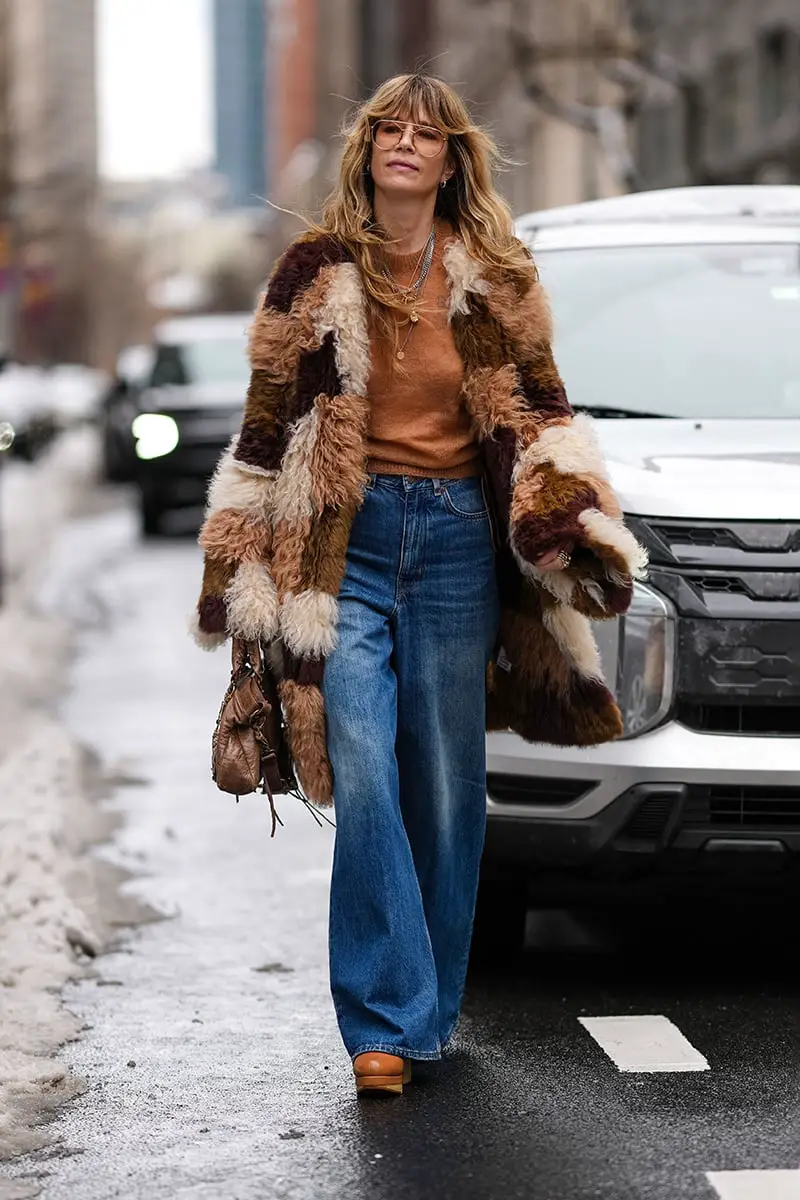 Patchwork Faux Fur Coat with Knit Sweater and Jeans — Classy Fur Outfits