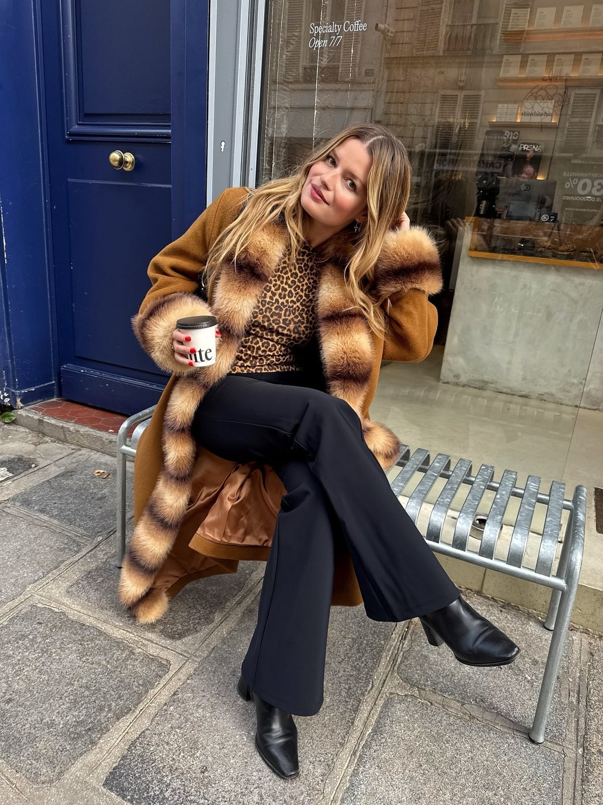 Fur Trimmed Coat with Leopard Print Top and Flared Trousers — Classy Fur Outfits
