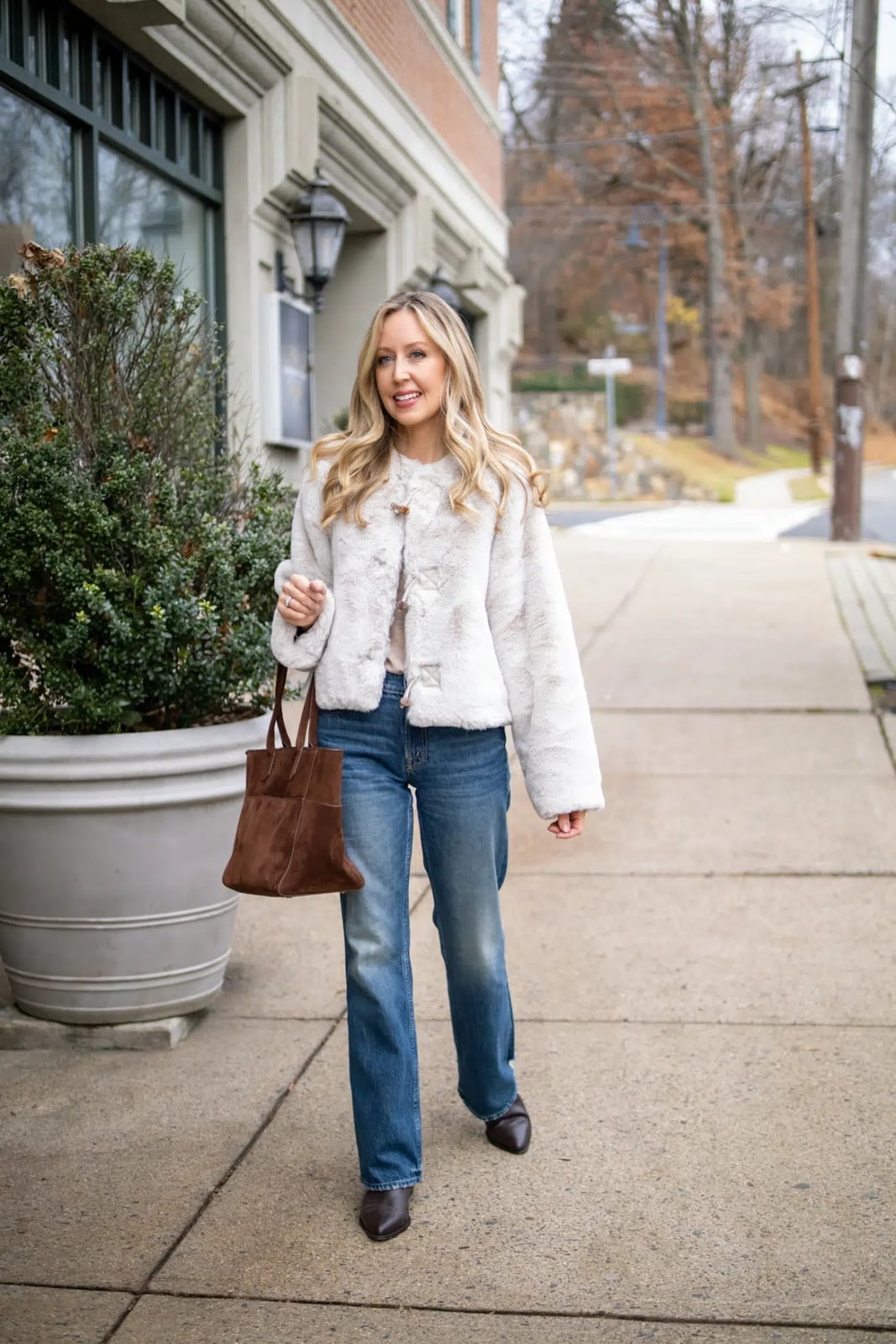 Cream Faux Fur Jacket with Straight Leg Jeans — Classy Fur Outfits