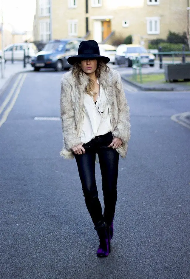 Light Beige Faux Fur Coat with White Shirt and Black Trousers — Classy Fur Outfits