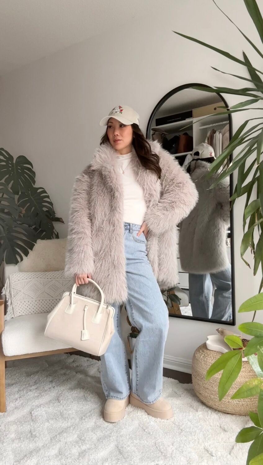 Pale Pink Shaggy Faux Fur Coat with Wide-Leg Jeans — Classy Fur Outfits