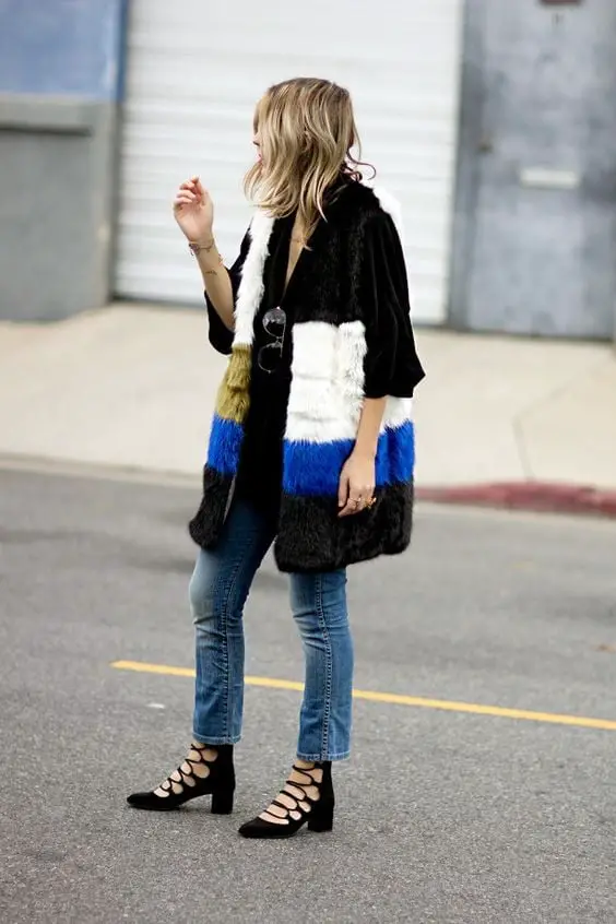 Color Block Faux Fur Vest Over Velvet Jacket — Classy Fur Outfits