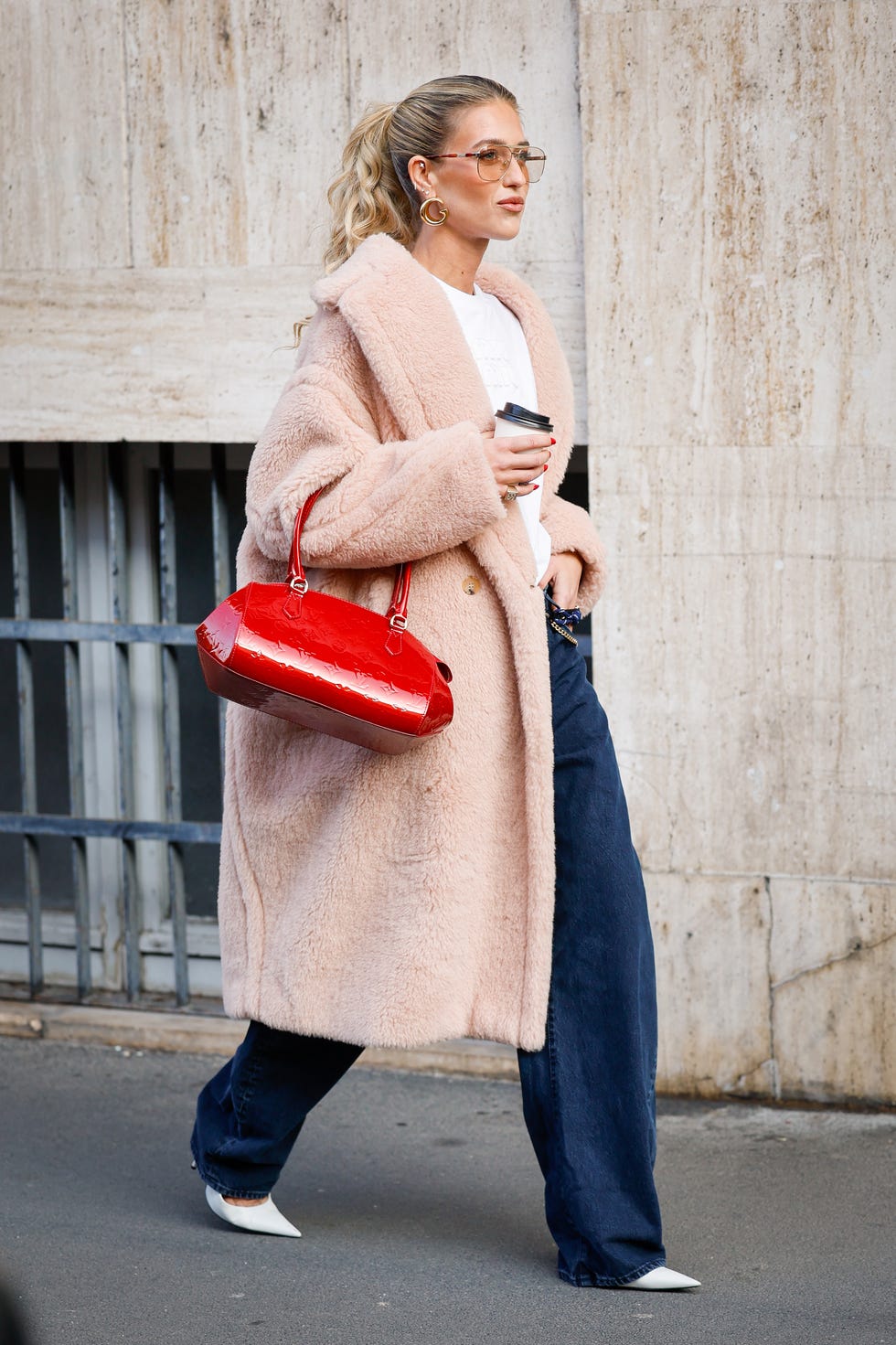 Oversized Pink Faux Fur Coat with White Tee and Jeans — Classy Fur Outfits
