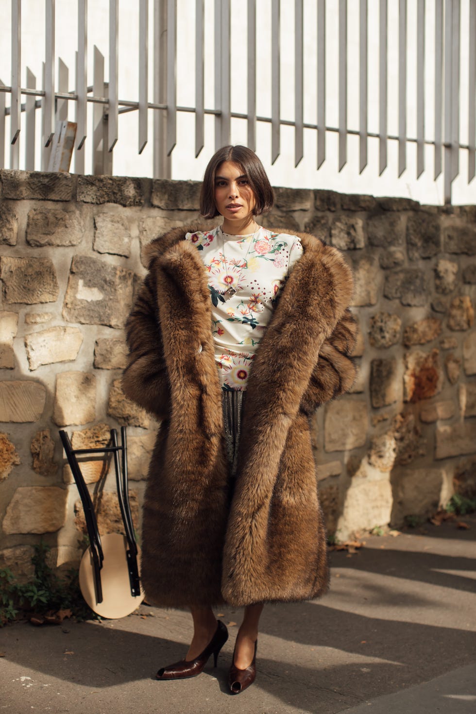 Oversized Faux Fur Coat Over Floral Print Top and Belt — Classy Fur Outfits