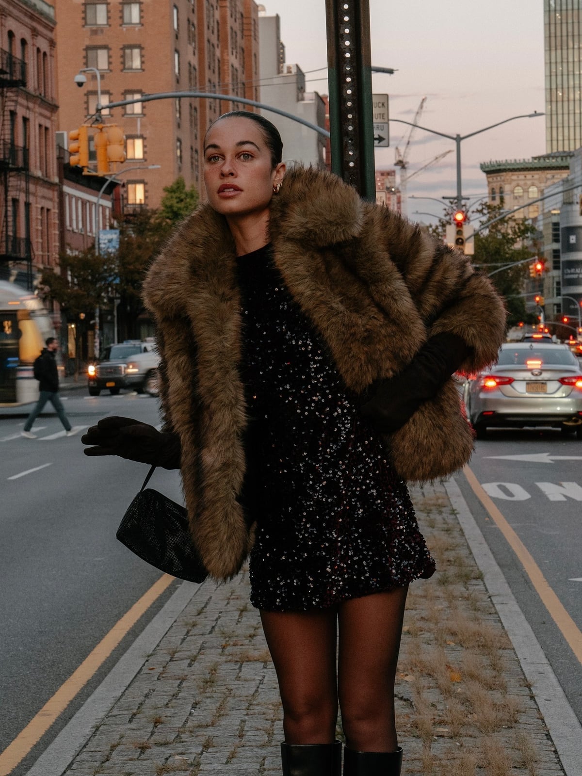 Cropped Brown Faux Fur Jacket Over Sequin Dress — Classy Fur Outfits