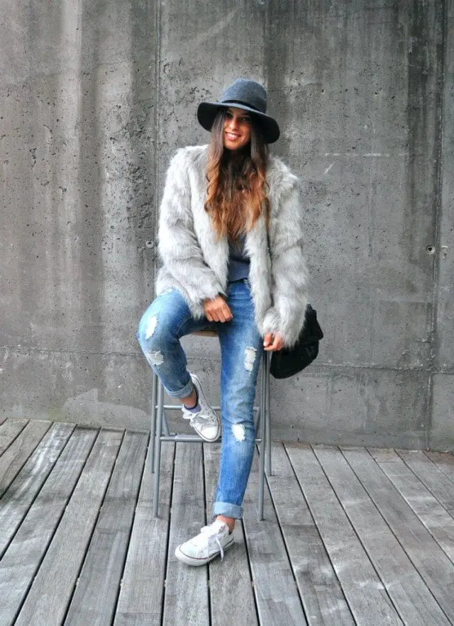 Gray Faux Fur Jacket with Blue T-Shirt and Distressed Jeans — Classy Fur Outfits