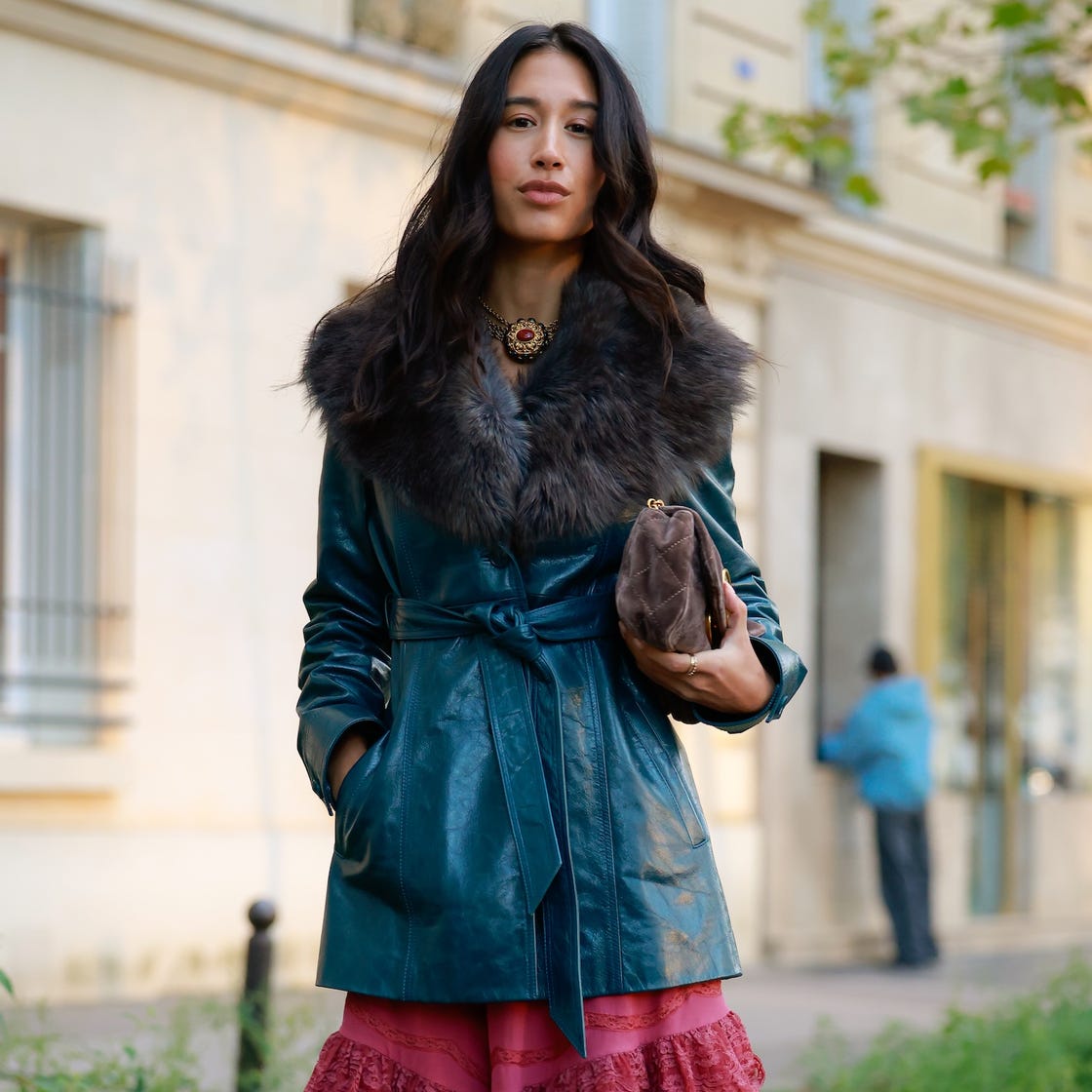 Teal Leather Coat with Gray Fur Collar and Lace Dress — Classy Fur Outfits