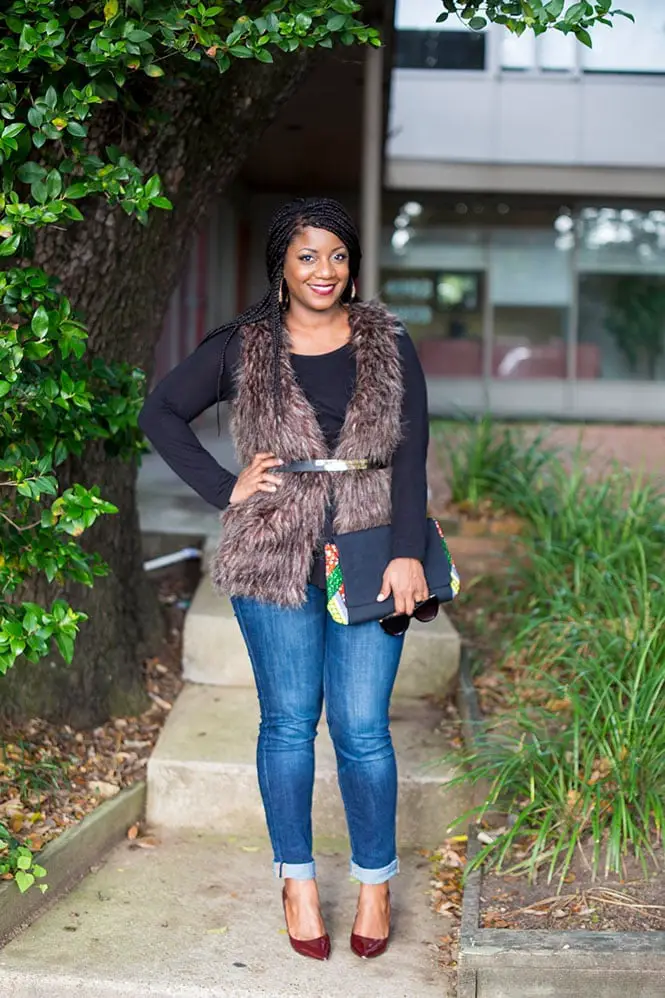 Brown Fur Vest Over Long Sleeve Top and Jeans — Classy Fur Outfits