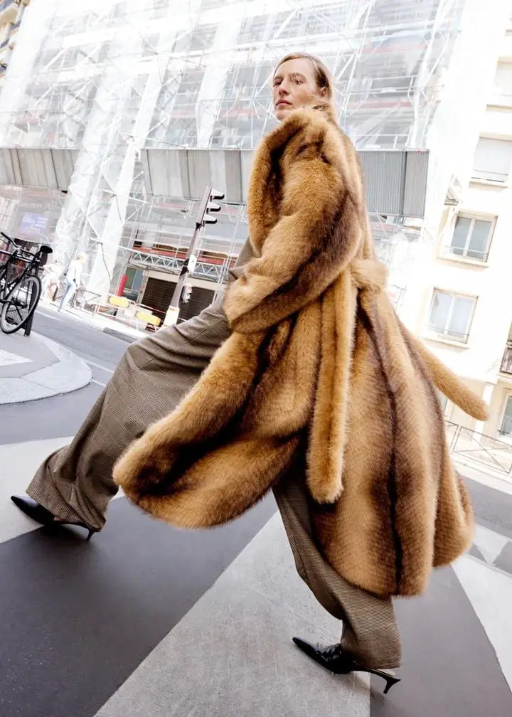 Dramatic Fur Coat with Plaid Wide-Leg Trousers — Classy Fur Outfits