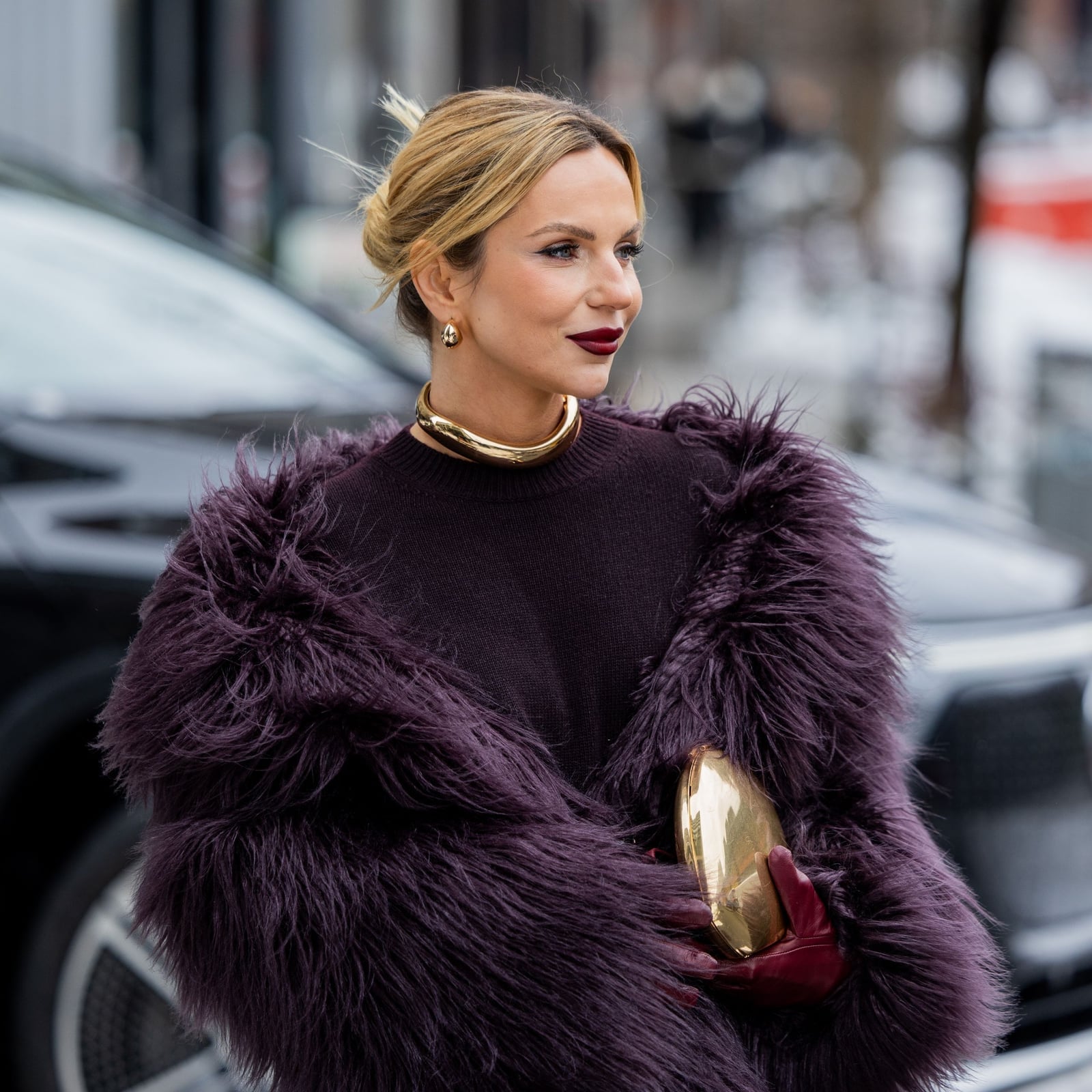 Plum Faux Fur Jacket with Matching Knit and Gold Accessories — Classy Fur Outfits