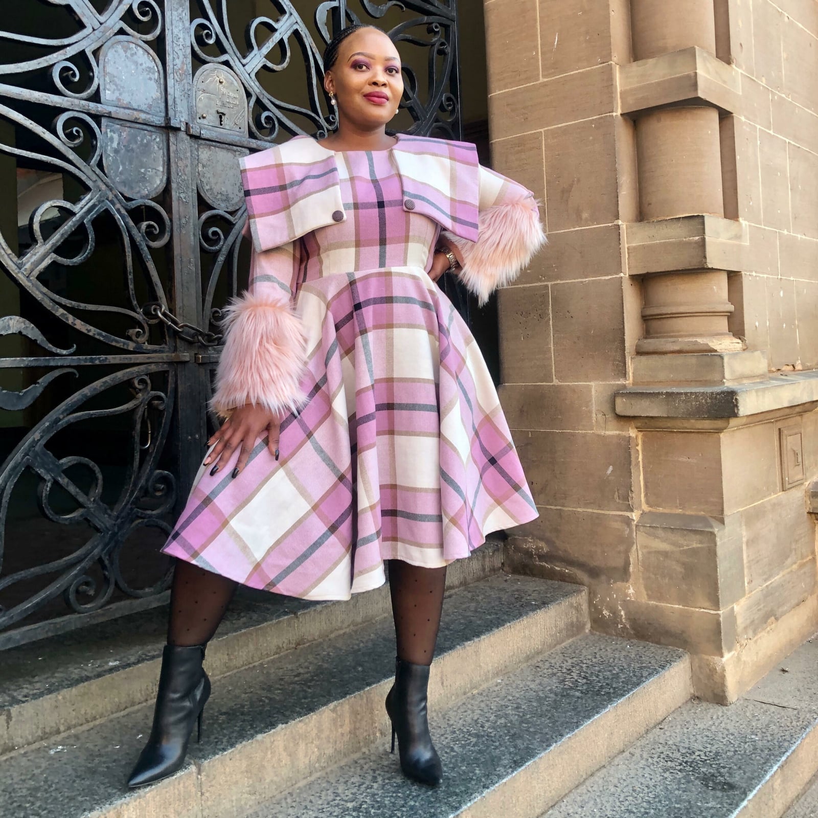 Pink Plaid Dress with Faux Fur Sleeve Cuffs — Classy Fur Outfits