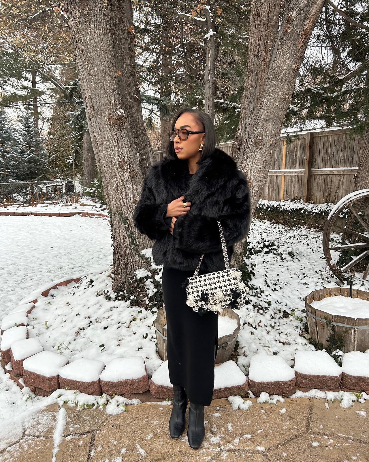 Short Black Faux Fur Jacket with Sequin Dress — Classy Fur Outfits