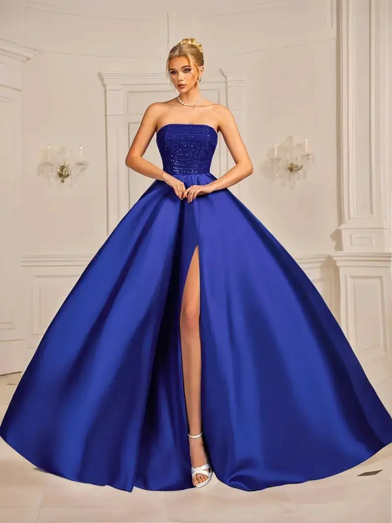 Royal Blue Ballgown with Strapless Bodice and High Slit Royal Blue Ballgown with Strapless Bodice and High Slit — Classy Gala Outfits