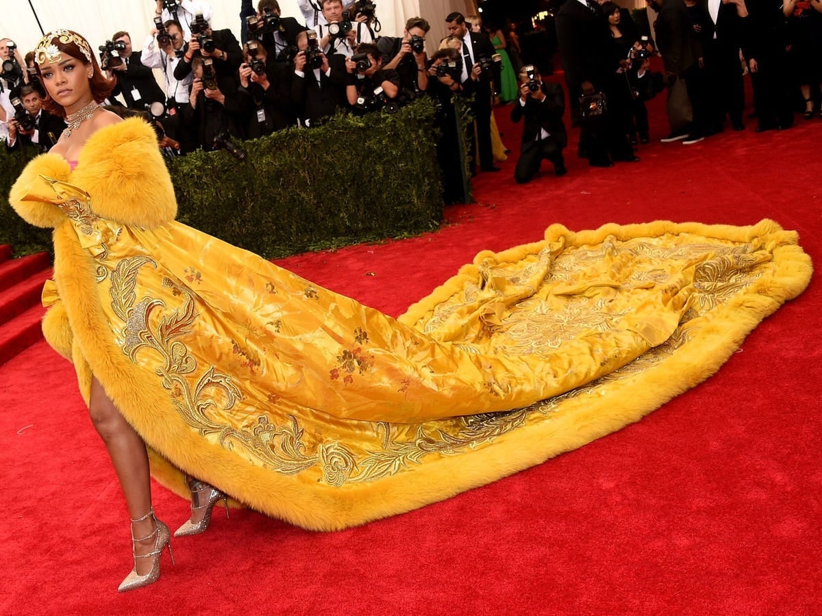 Yellow Embroidered Gown with Fur-Trimmed Train Yellow Embroidered Gown with Fur-Trimmed Train — Classy Gala Outfits