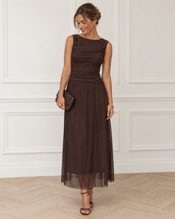 Dark Brown Ruched Bodice Dress with Flowing Mesh Overlay Dark Brown Ruched Bodice Dress with Flowing Mesh Overlay — Classy Gala Outfits