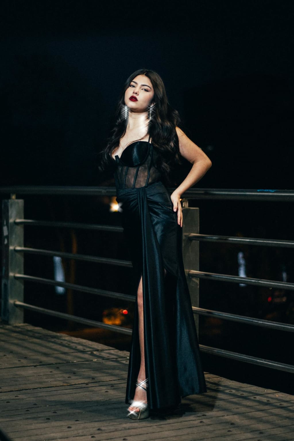 Black Satin Gown with Sheer Corset Detail and High Slit Black Satin Gown with Sheer Corset Detail and High Slit — Classy Gala Outfits