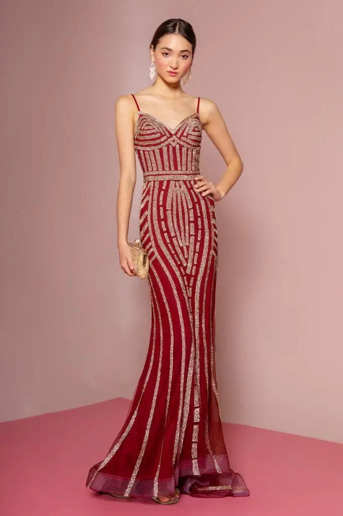 Red Beaded Gown with Gold Geometric Embellishments and Sheer Overlay Red Beaded Gown with Gold Geometric Embellishments and Sheer Overlay — Classy Gala Outfits