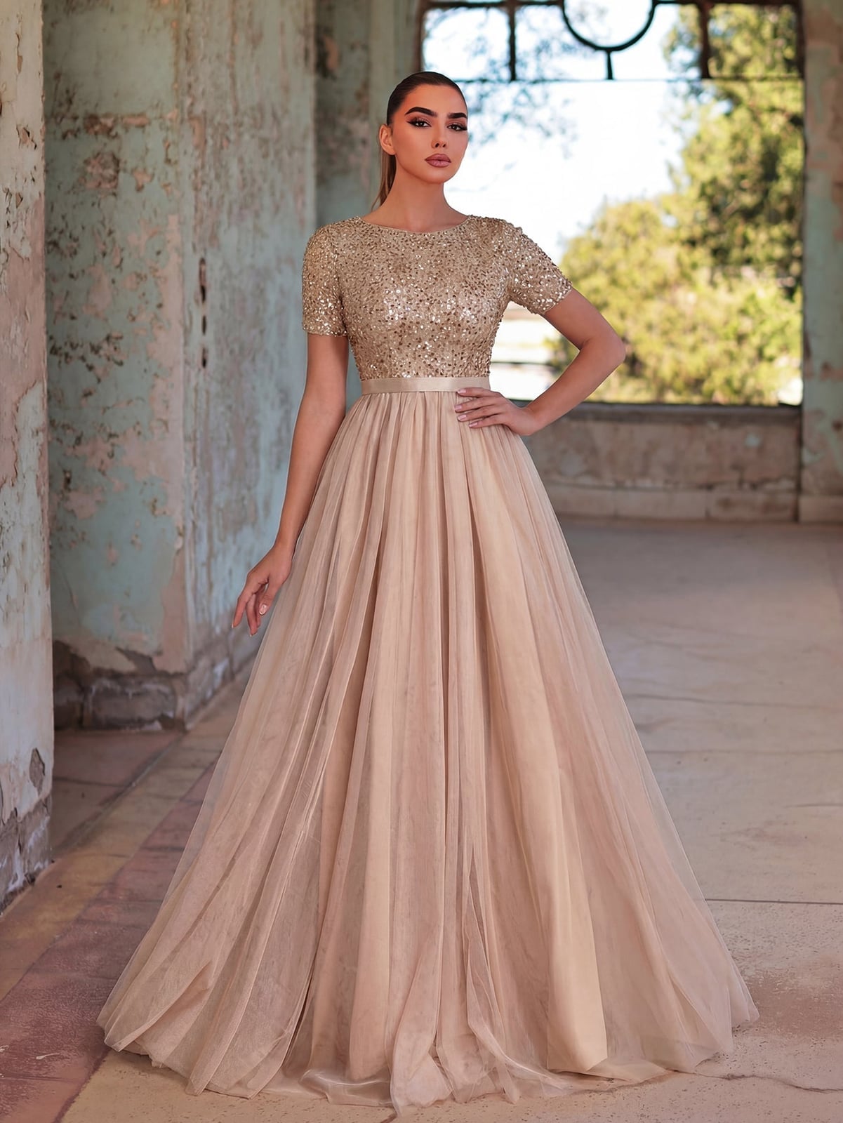 Gold Sequin Bodice Dress with Tulle Skirt Gold Sequin Bodice Dress with Tulle Skirt — Classy Glitter Dresses