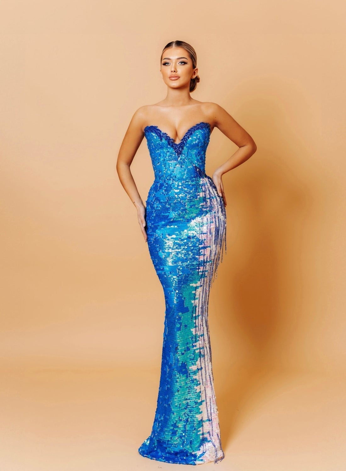 Blue and White Abstract Sequin Formal Gown Blue and White Abstract Sequin Formal Gown — Classy Glitter Dresses