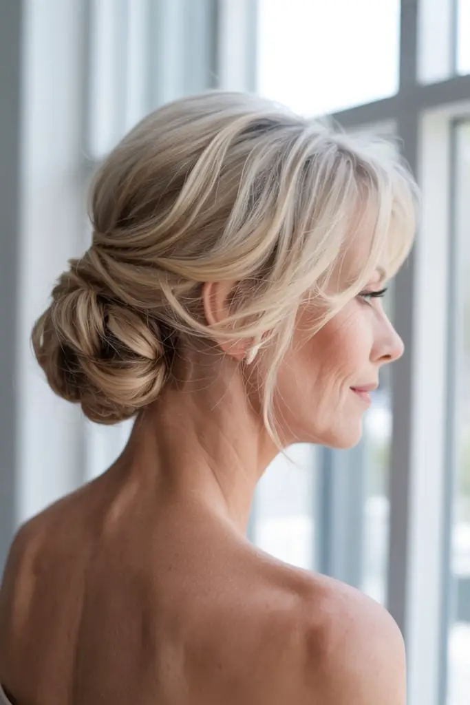 Fine Ash Blonde Soft Textured Updo Wispy Bangs — Classy Going Out Hairstyles