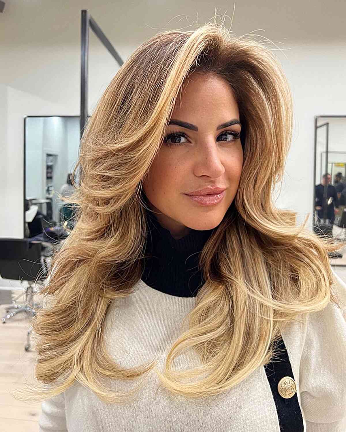 Long Dark Brown Blonde Balayage Voluminous Blowout — Classy Going Out Hairstyles