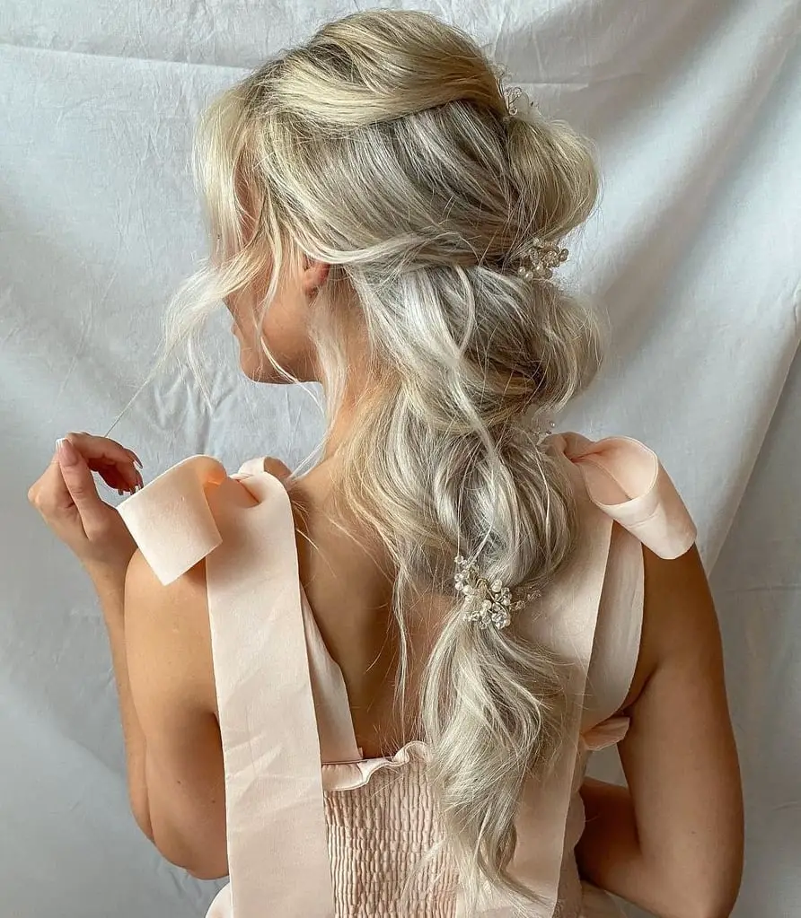 Long Platinum Blonde Braided Updo Pearls — Classy Going Out Hairstyles