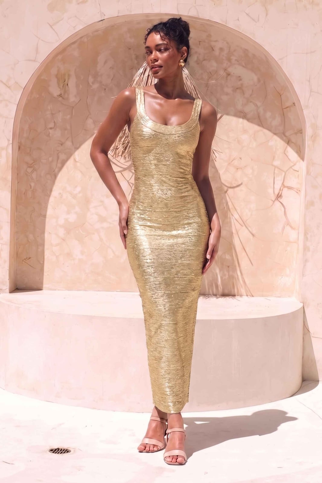 Sleeveless Gold Metallic Knit Bodycon Dress, Close-Up Take Sleeveless Gold Metallic Knit Bodycon Dress, Close-Up Take — Classy Gold Outfits