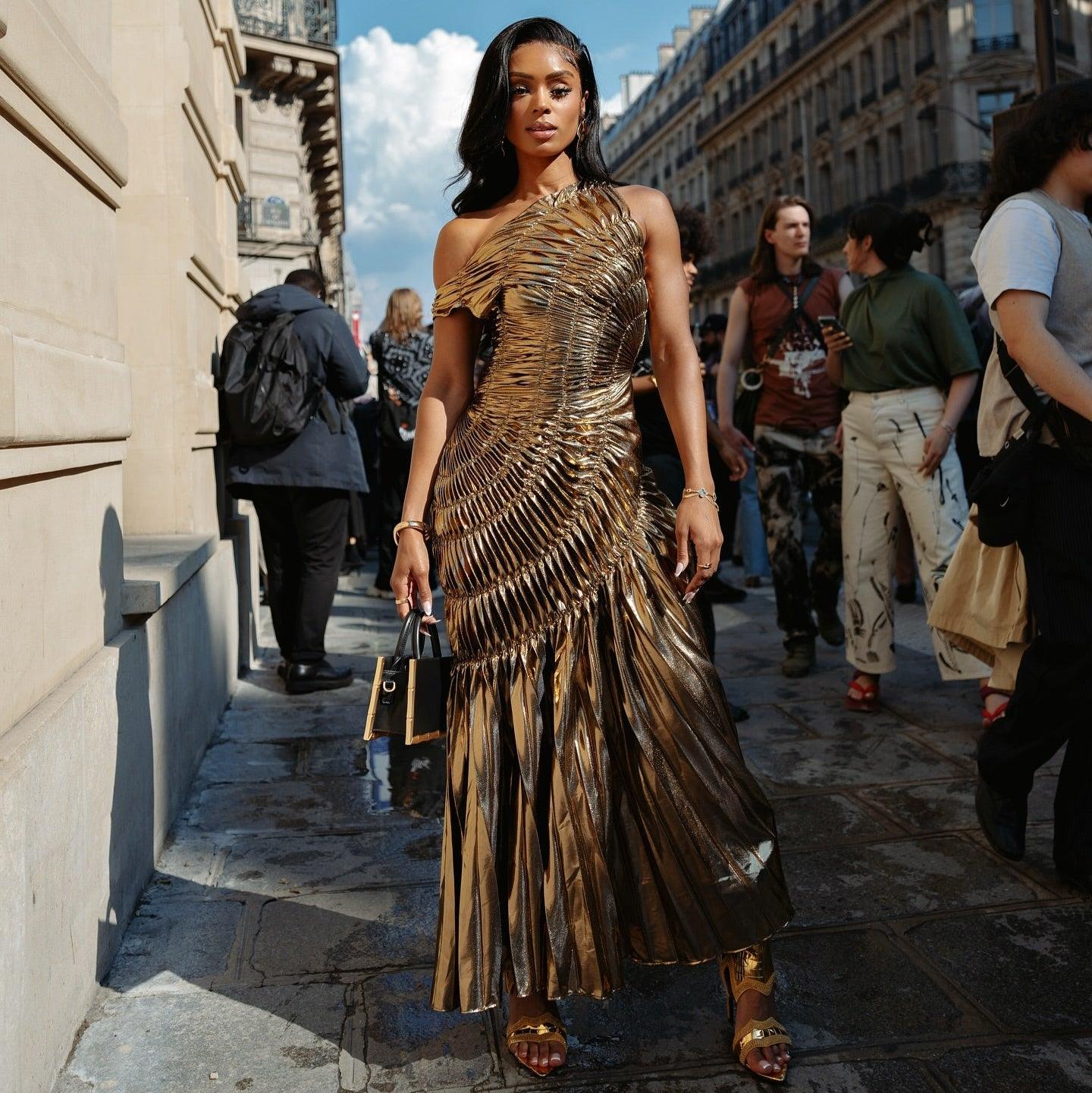Gold Metallic Pleated Column Maxi Dress Gold Metallic Pleated Column Maxi Dress — Classy Gold Outfits