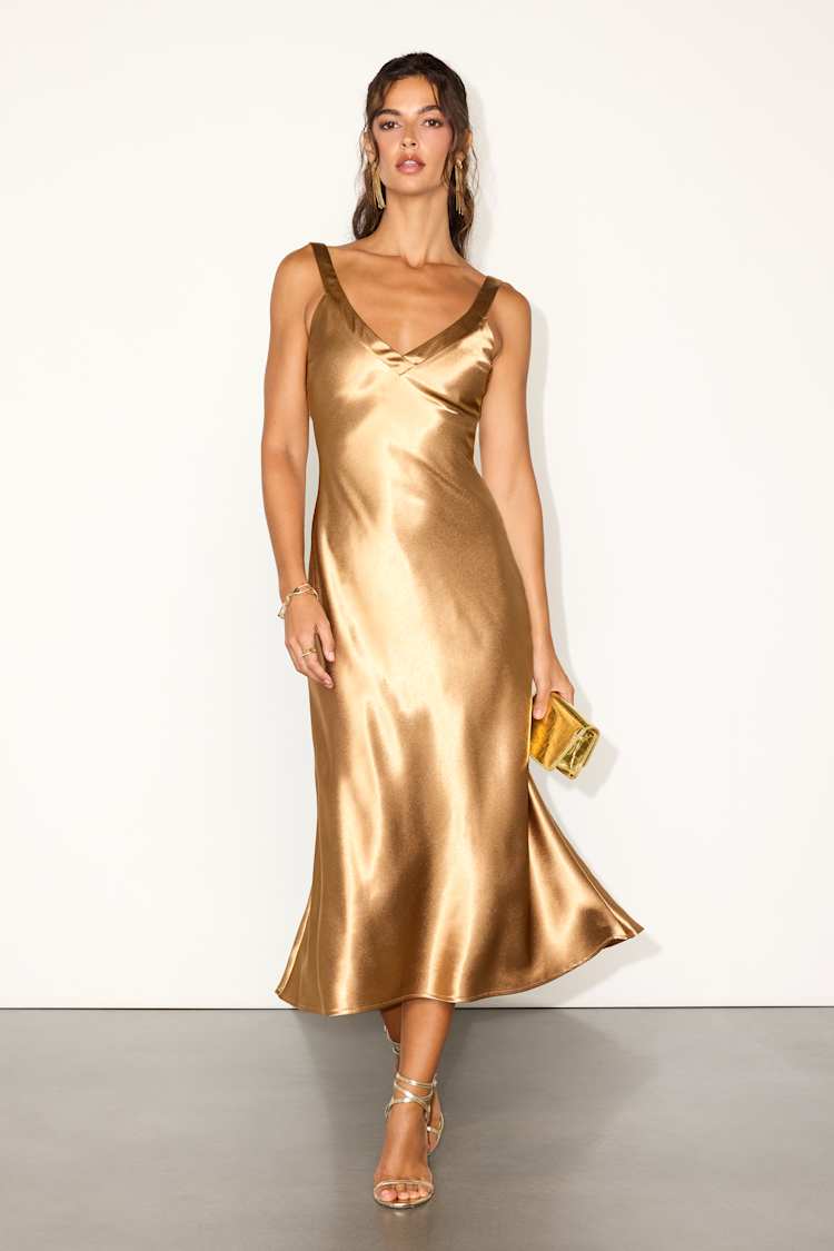 Gold Satin Midi Slip Dress Evening Look Gold Satin Midi Slip Dress Evening Look — Classy Gold Outfits