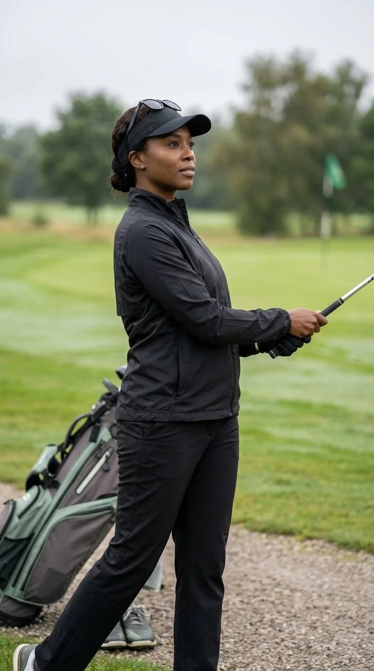 Monochromatic Black Zip-Up Jacket and Trousers, Office-Safe Version — Classy Golf Outfits