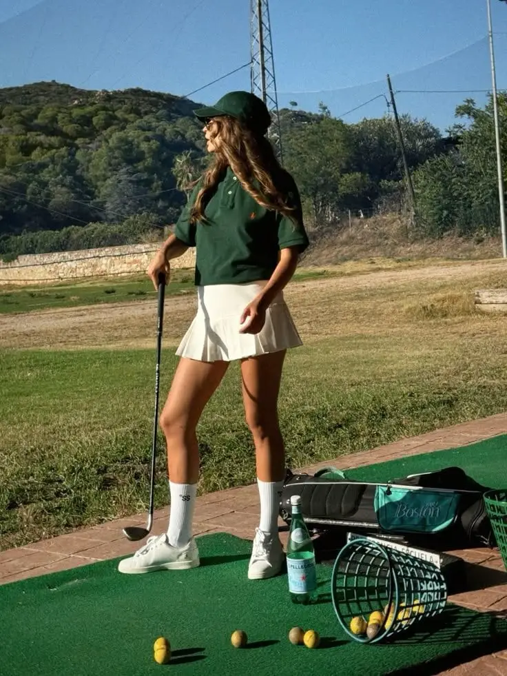 Dark Green Polo and White Pleated Skirt, Close-Up Take — Classy Golf Outfits