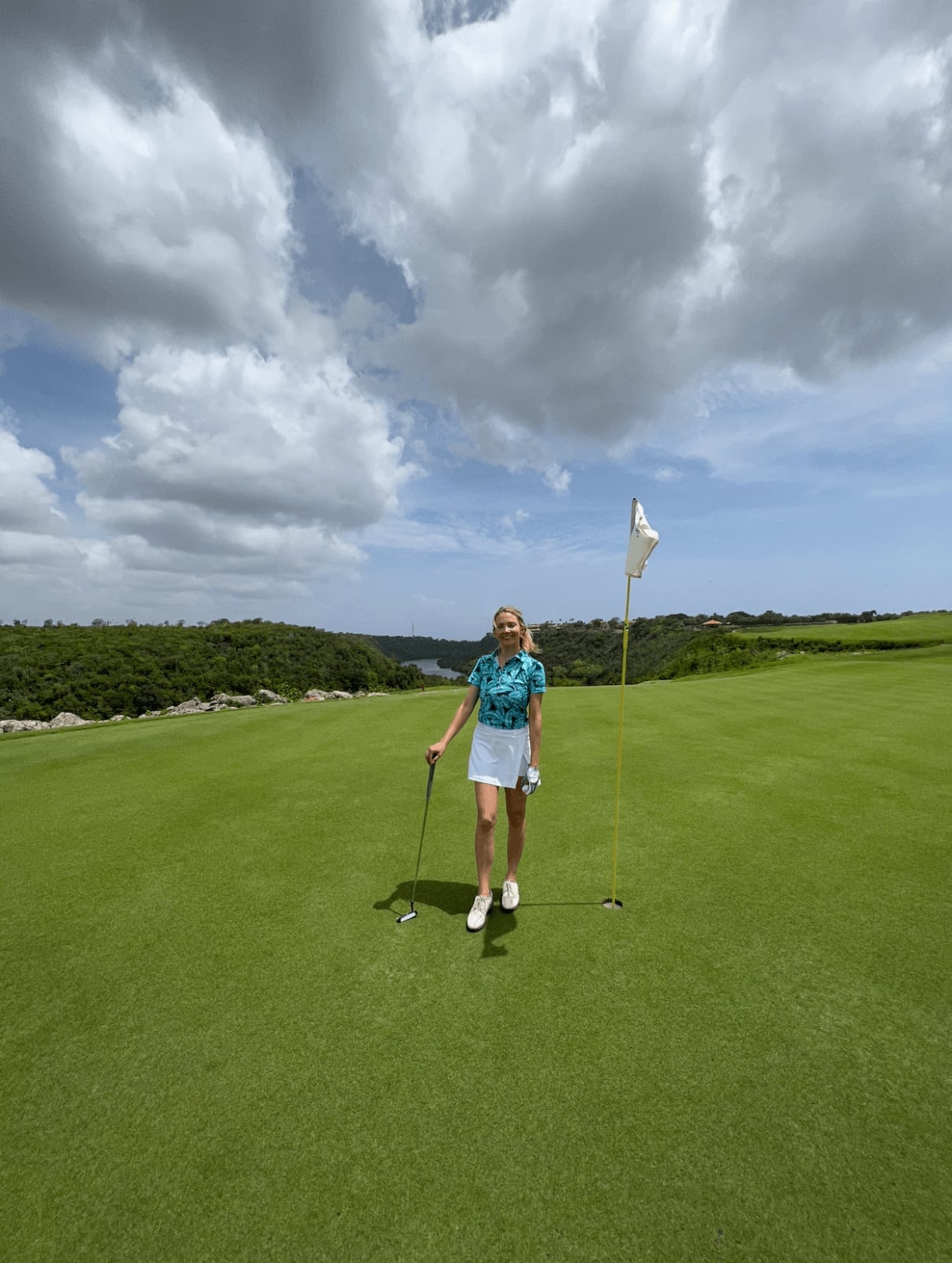 Teal and White Printed Top with White Skirt — Classy Golf Outfits
