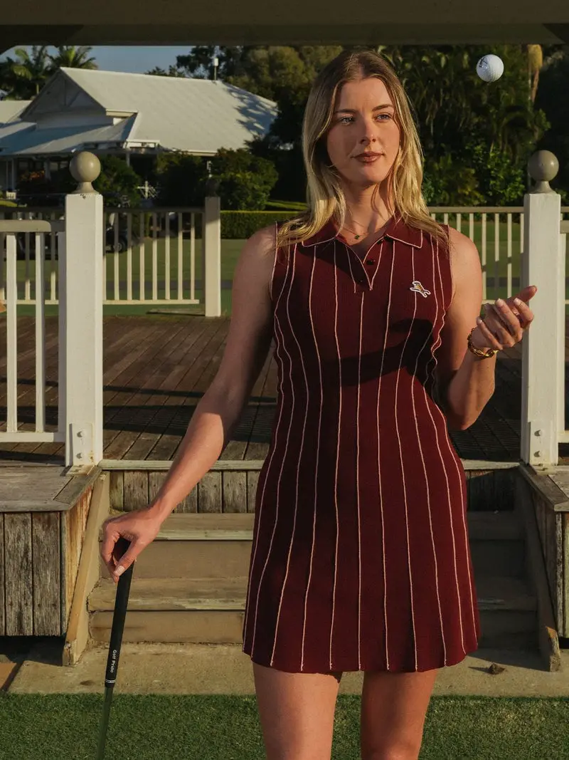 Maroon Sleeveless Polo Dress with Pinstripes — Classy Golf Outfits