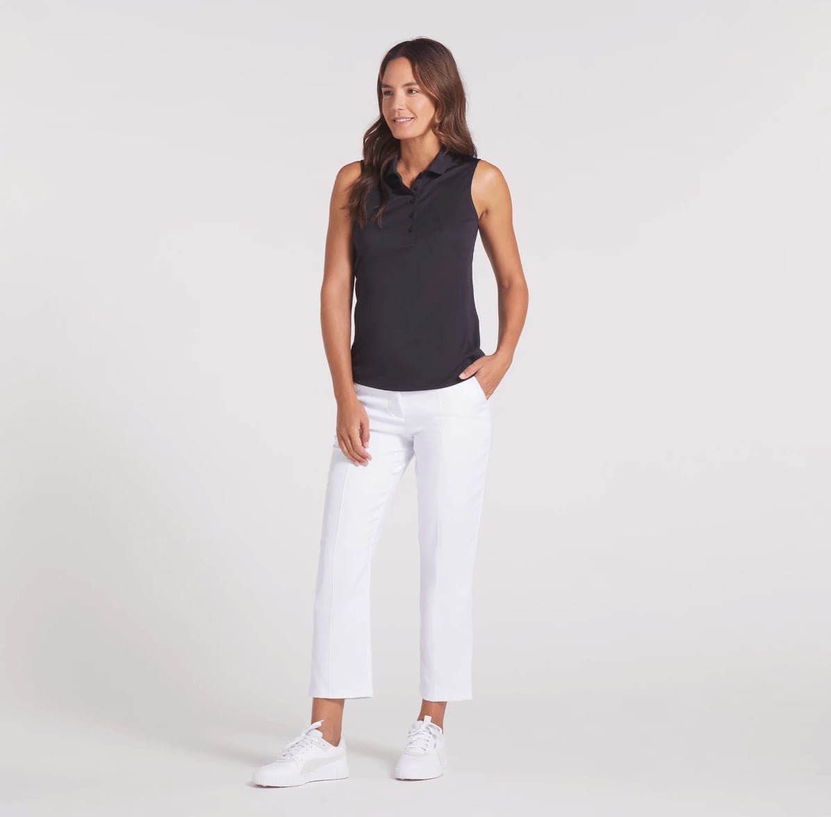 Black Sleeveless Polo and White Cropped Trousers — Classy Golf Outfits