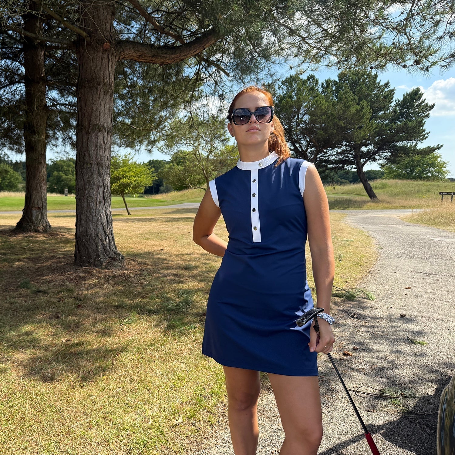 Sleeveless Navy Dress with White Collar — Classy Golf Outfits