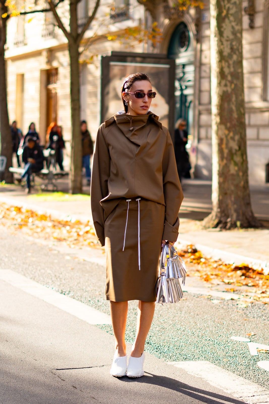 Khaki Midi Skirt Set With Draped Neckline Khaki Midi Skirt Set With Draped Neckline — Classy Gorpcore Outfits