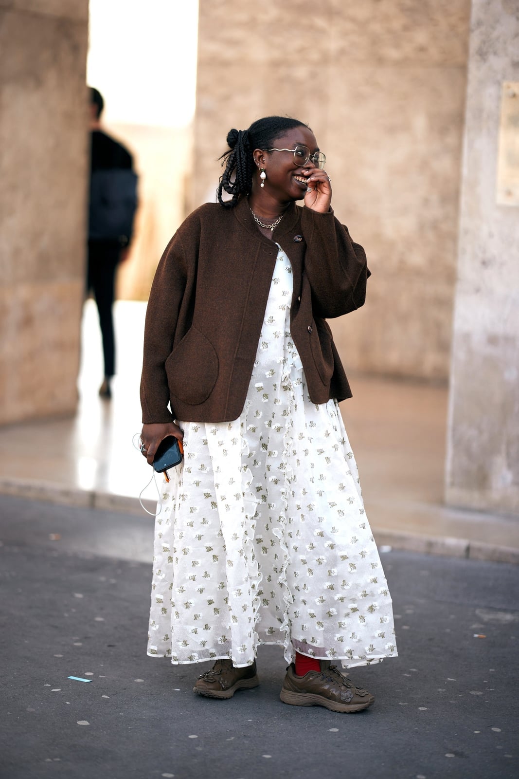Brown Bomber Jacket Over Floral Midi Dress Brown Bomber Jacket Over Floral Midi Dress — Classy Gorpcore Outfits