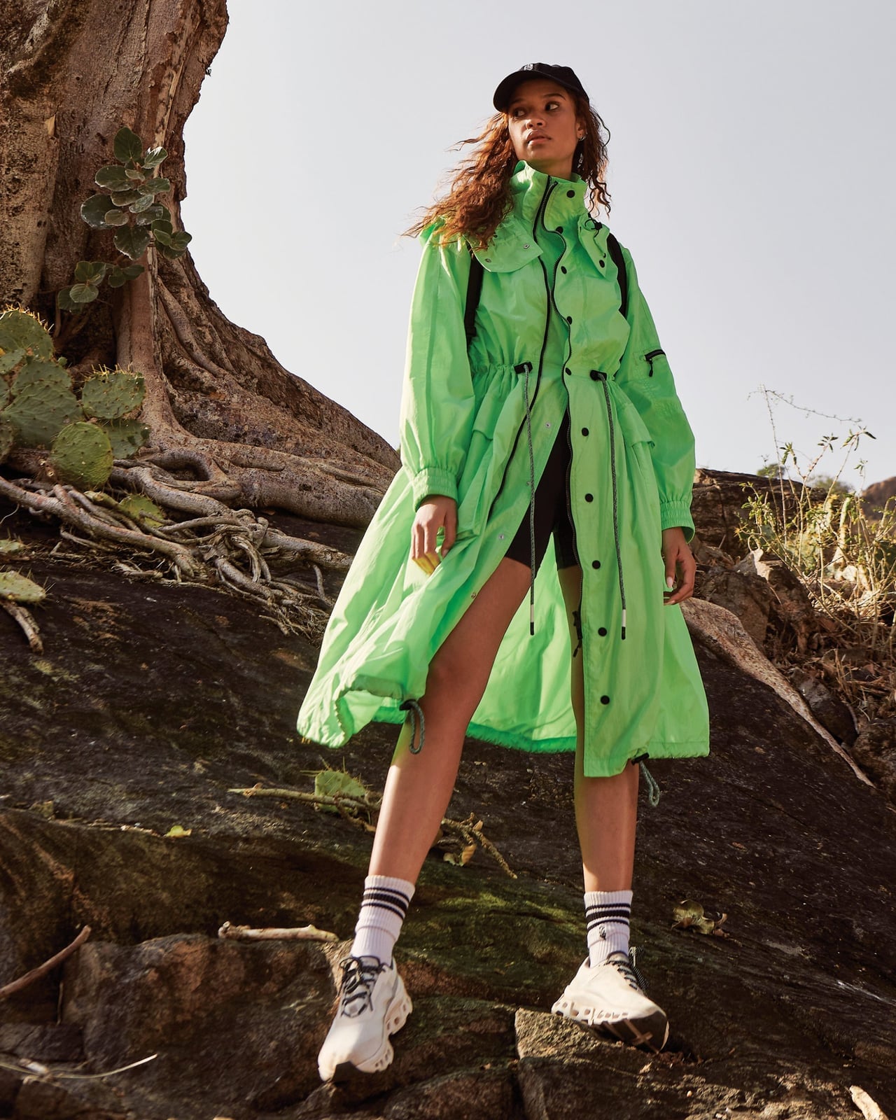 Bright Green Oversized Technical Jacket With Black Shorts Bright Green Oversized Technical Jacket With Black Shorts — Classy Gorpcore Outfits