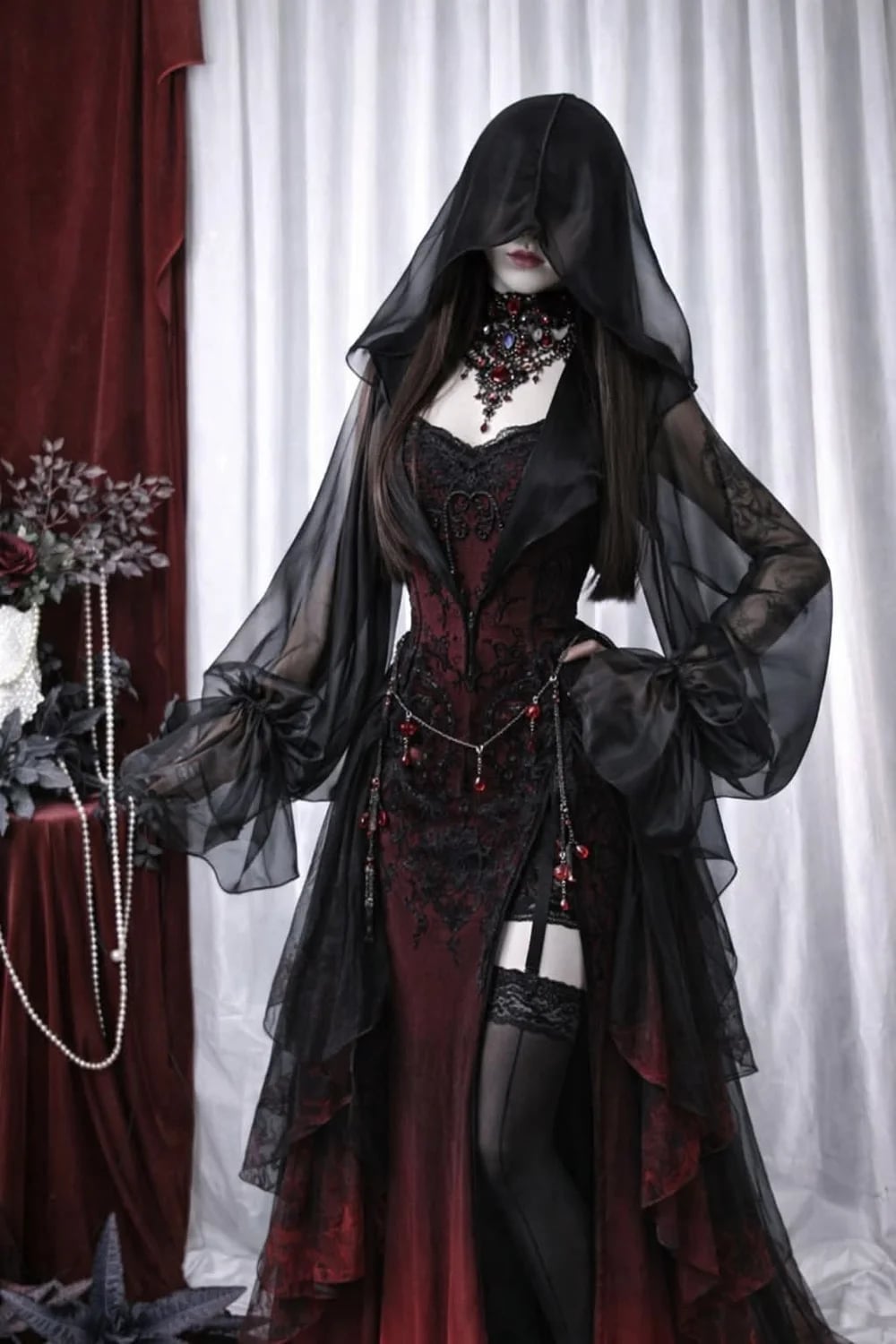Dramatic Hooded Dress with Lace and Sheer Overlay Dramatic Hooded Dress with Lace and Sheer Overlay — Classy Gothic Style