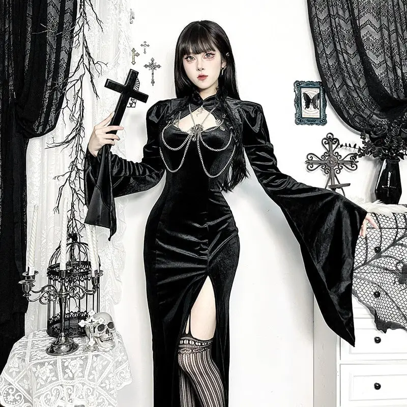 Velvet Dress with Keyhole Neckline and Dramatic Bell Sleeves Velvet Dress with Keyhole Neckline and Dramatic Bell Sleeves — Classy Gothic Style
