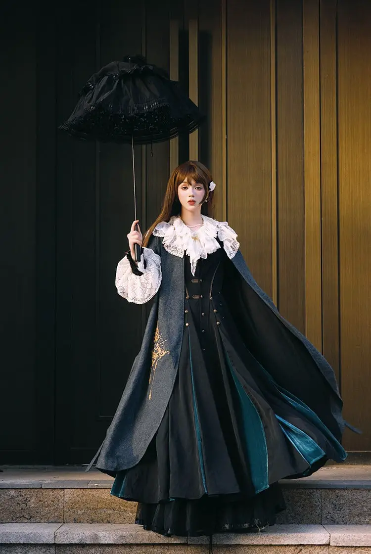 Dark Dress with Ornate Embroidered Cape and Lace Collar Dark Dress with Ornate Embroidered Cape and Lace Collar — Classy Gothic Style