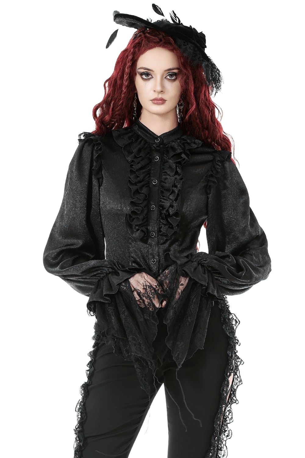 Black Satin Blouse with Elaborate Ruffled Collar and Cuffs Black Satin Blouse with Elaborate Ruffled Collar and Cuffs — Classy Gothic Style