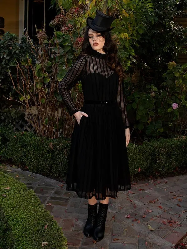 Black Lace Dress with Sheer Sleeves and Pleated Skirt Black Lace Dress with Sheer Sleeves and Pleated Skirt — Classy Gothic Style