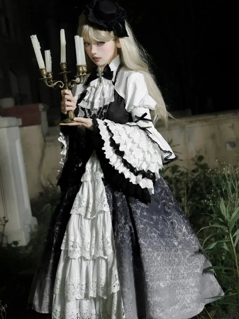 Gothic Lolita Dress Ensemble with Tiered Lace Skirt Gothic Lolita Dress Ensemble with Tiered Lace Skirt — Classy Gothic Style